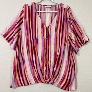 Denim & Co Multi Color Striped V Neck Button Twist Front Soft Blouse size 2X